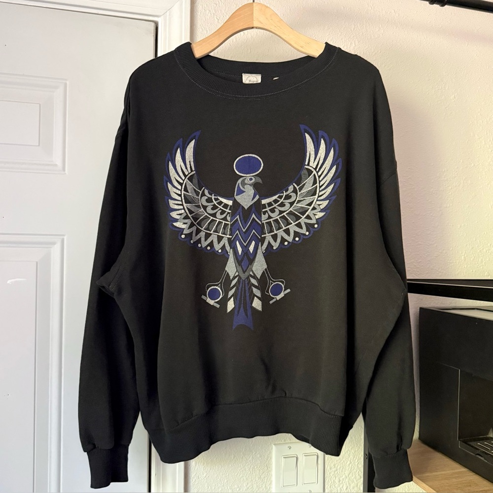 BOGNER vintage black crew soft bird thunderbird phoenix tribal pullover sweater‎